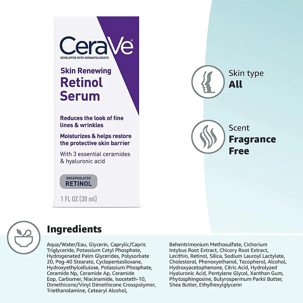 سرم رتینول ضد چروک حاوی هیالورونیک اسید سراوی CeraVe Skin Renewing Retinol Serum for Reduce of Fine Lines Wrinkles 30m