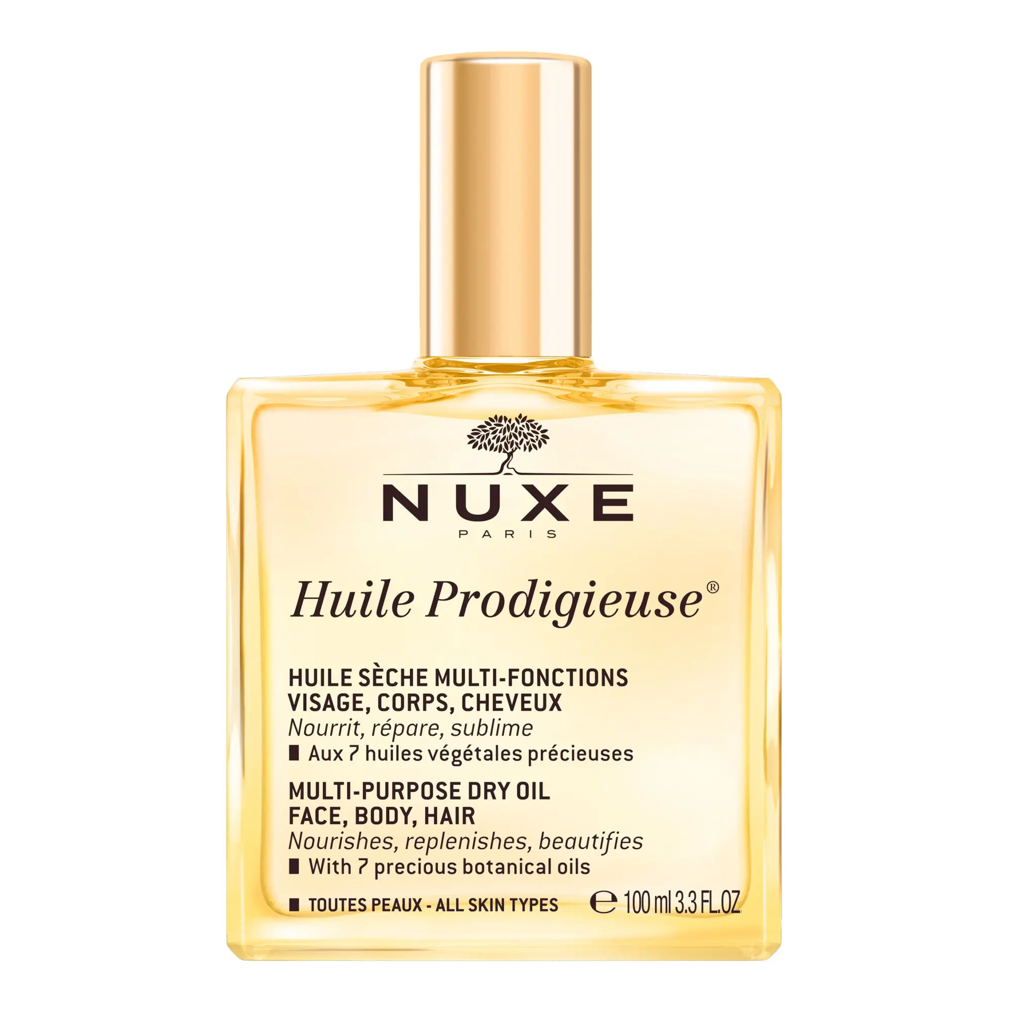 روغن چندمنظوره نوکس پردی ژیوز (Huile Prodigieuse) برای صورت، بدن و مو در بسته‌بندی شیشه‌ای نمادین.