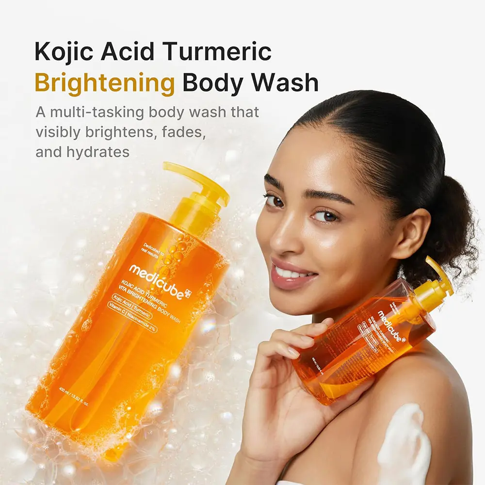 شوینده لایه بردار ملایم و روشن کننده بدن کوجیک اسید و زردچوبه مدی کیوب اصل مدل Kojic Acid Turmeric Brightening Body Wash مناسب شفافیت، نرمی و رفع کدری پوست بدن