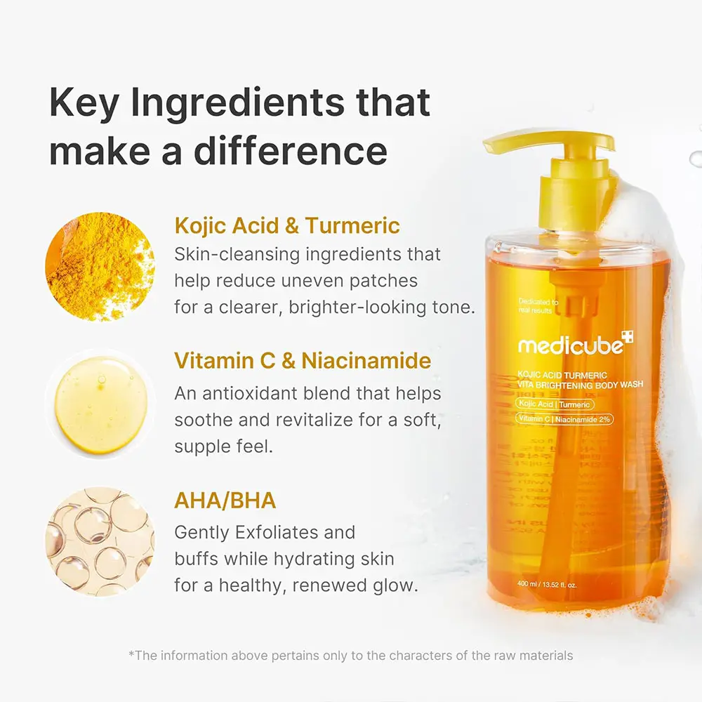 شوینده لایه بردار ملایم و روشن کننده بدن کوجیک اسید و زردچوبه مدی کیوب اصل مدل Kojic Acid Turmeric Brightening Body Wash مناسب شفافیت، نرمی و رفع کدری پوست بدن