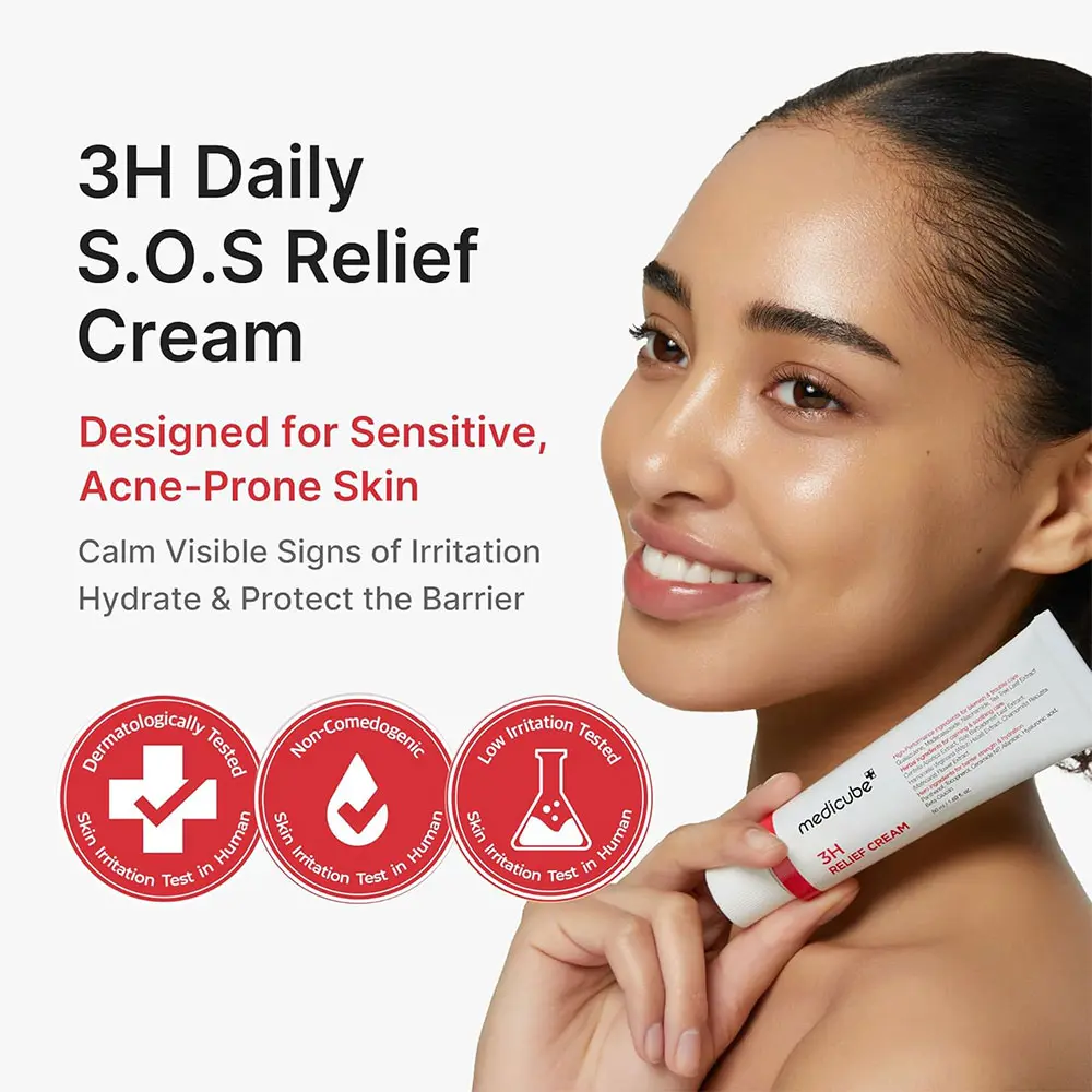 کرم ترمیم کننده و تسکین دهنده 3H مدی کیوب اصل مدل Medicube 3H Daily Relief Cream آبرسان، آرامش بخش، تقویت کننده سد دفاعی و مناسب پوست حساس