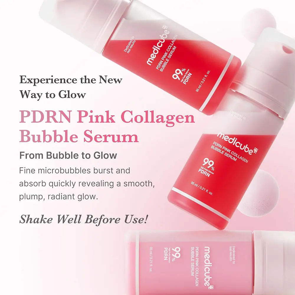 سرم حبابی PDRN صورتی و کلاژن مدی کیوب اصل مدل PDRN Pink Collagen Bubble Serum ترمیم کننده، آبرسان، جوانساز و درخشان کننده پوست
