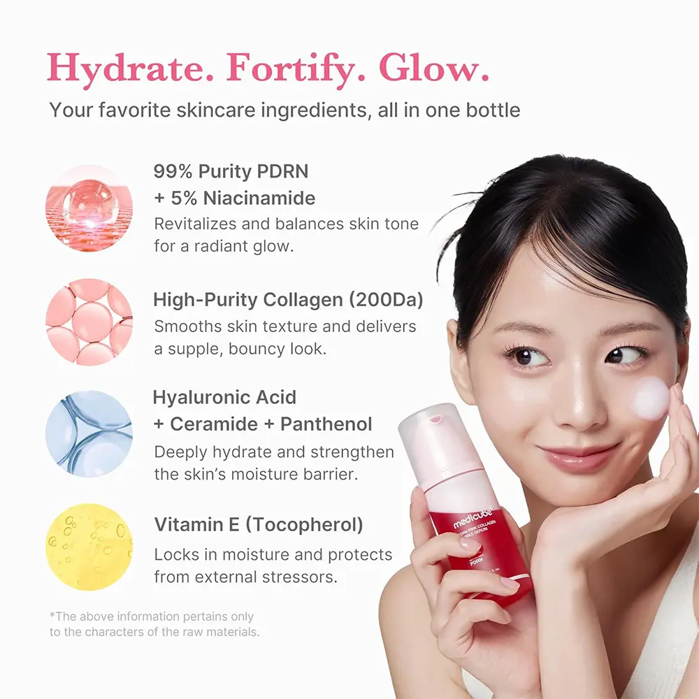 سرم حبابی PDRN صورتی و کلاژن مدی کیوب اصل مدل PDRN Pink Collagen Bubble Serum ترمیم کننده، آبرسان، جوانساز و درخشان کننده پوست