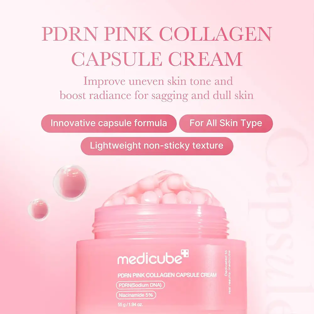 کرم کپسولی PDRN و کلاژن صورتی مدی کیوب اصل مدل Medicube PDRN Pink Collagen Capsule Cream آبرسان، روشن کننده، ضد چروک و مناسب گلس اسکین