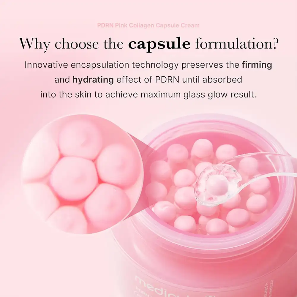 کرم کپسولی PDRN و کلاژن صورتی مدی کیوب اصل مدل Medicube PDRN Pink Collagen Capsule Cream آبرسان، روشن کننده، ضد چروک و مناسب گلس اسکین