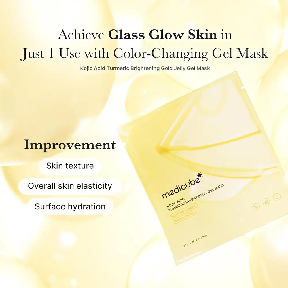 ماسک ورقه‌ای ژلی روشن کننده کوجیک اسید و زردچوبه مدی کیوب اصل مدل Medicube Kojic Acid Turmeric Brightening Gel Mask مناسب آبرسانی، شفافیت، سفتی و گلس اسکین