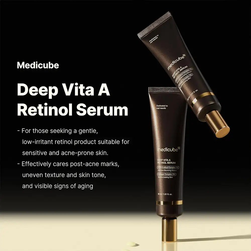 سرم ضد چروک رتینول و باکوچیول مدی کیوب اصل مدل Medicube Deep Reviving Bakuchiol Retinol Facial Serum مناسب کاهش خطوط، بهبود بافت، روشن شدن پوست و ضد لک