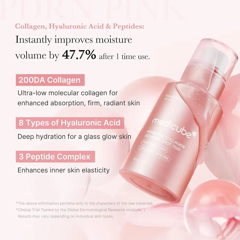 سرم اگزوزوم کلاژن و PDRN مدی کیوب اصل مدل Medicube PDRN Pink Collagen Exosome Shot Serum 7500 مناسب گلس اسکین، بهبود بافت پوست، مراقبت منافذ، آبرسانی و افزایش درخشندگی