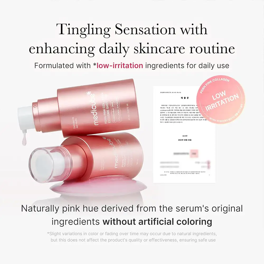 سرم اگزوزوم کلاژن و PDRN مدی کیوب اصل مدل Medicube PDRN Pink Collagen Exosome Shot Serum 7500 مناسب گلس اسکین، بهبود بافت پوست، مراقبت منافذ، آبرسانی و افزایش درخشندگی
