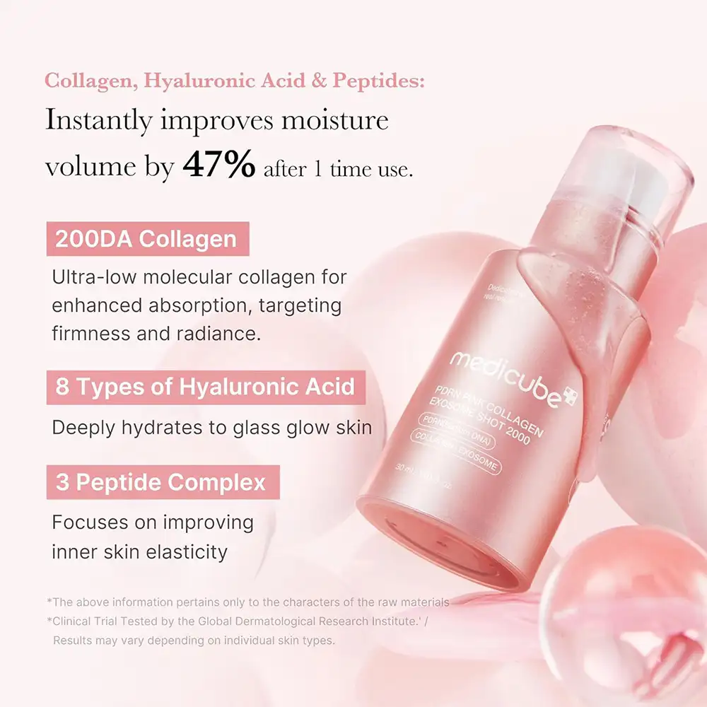 سرم اگزوزوم PDRN شات 2000 مدی کیوب اصل مدل Medicube PDRN Pink Collagen Exosome Shot Serum 2000 مناسب روشن شدن پوست، بهبود منافذ، آبرسانی، صاف شدن بافت و گلس اسکین