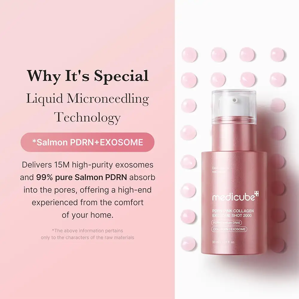 سرم اگزوزوم PDRN شات 2000 مدی کیوب اصل مدل Medicube PDRN Pink Collagen Exosome Shot Serum 2000 مناسب روشن شدن پوست، بهبود منافذ، آبرسانی، صاف شدن بافت و گلس اسکین