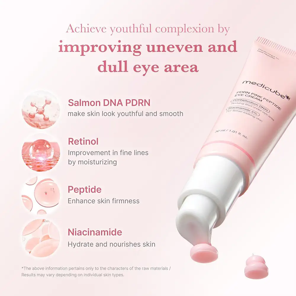 کرم دور چشم PDRN و پپتاید مدی کیوب اصل مدل Medicube PDRN Pink Peptide Eye Cream مناسب کاهش چروک دور چشم، روشن شدن تیرگی، آبرسانی و بهبود بافت اطراف چشم