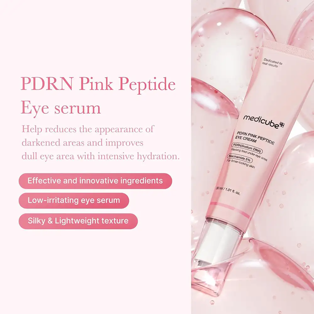 کرم دور چشم PDRN و پپتاید مدی کیوب اصل مدل Medicube PDRN Pink Peptide Eye Cream مناسب کاهش چروک دور چشم، روشن شدن تیرگی، آبرسانی و بهبود بافت اطراف چشم