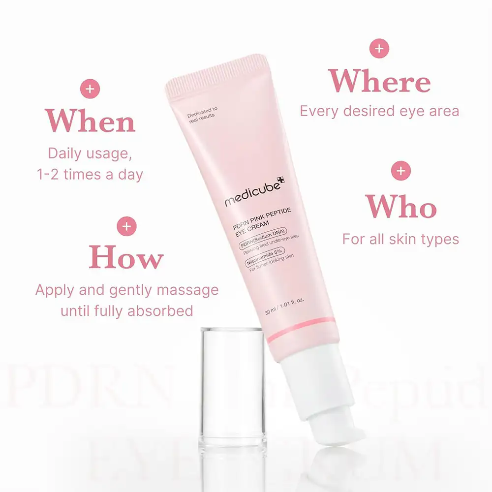 کرم دور چشم PDRN و پپتاید مدی کیوب اصل مدل Medicube PDRN Pink Peptide Eye Cream مناسب کاهش چروک دور چشم، روشن شدن تیرگی، آبرسانی و بهبود بافت اطراف چشم