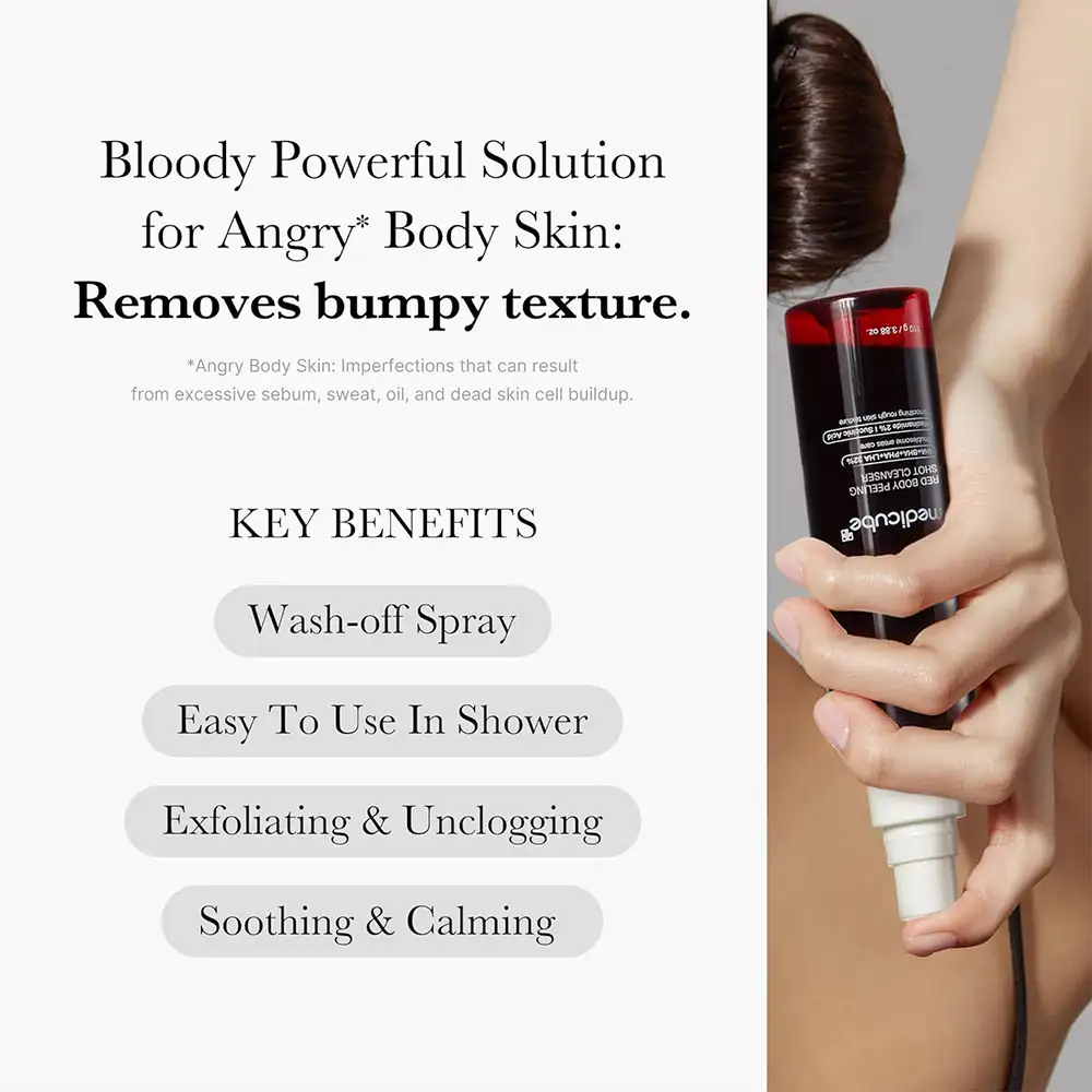 اسپری لایه بردار و ضد جوش بدن مدی کیوب اصل مدل Medicube Red Acne Body Peeling Shot مناسب کاهش جوش بدن، زبری پوست، استرابری اسکین، پاکسازی منافذ و صاف شدن پوست بدن