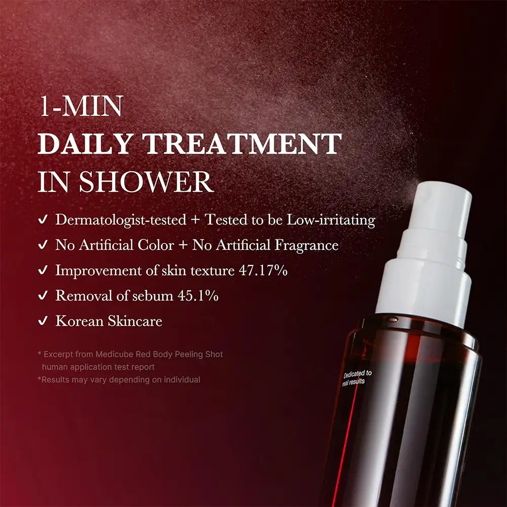 اسپری لایه بردار و ضد جوش بدن مدی کیوب اصل مدل Medicube Red Acne Body Peeling Shot مناسب کاهش جوش بدن، زبری پوست، استرابری اسکین، پاکسازی منافذ و صاف شدن پوست بدن