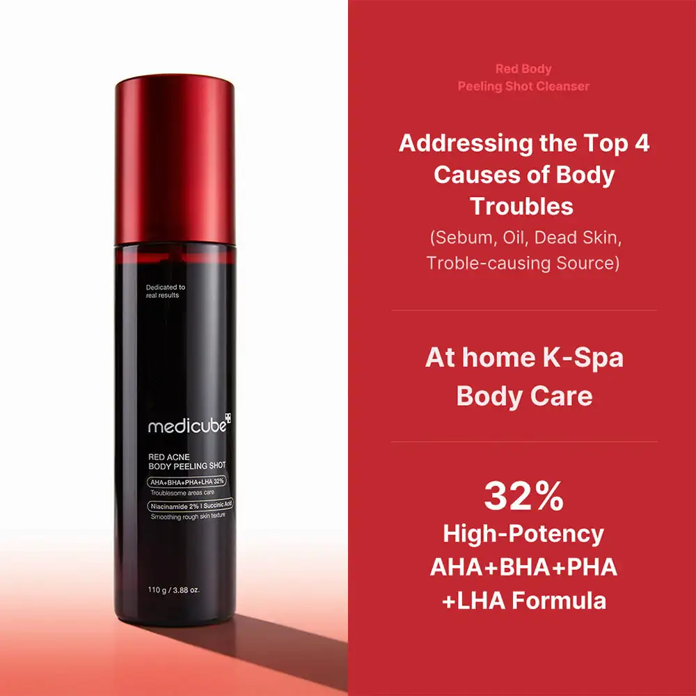 اسپری لایه بردار و ضد جوش بدن مدی کیوب اصل مدل Medicube Red Acne Body Peeling Shot مناسب کاهش جوش بدن، زبری پوست، استرابری اسکین، پاکسازی منافذ و صاف شدن پوست بدن