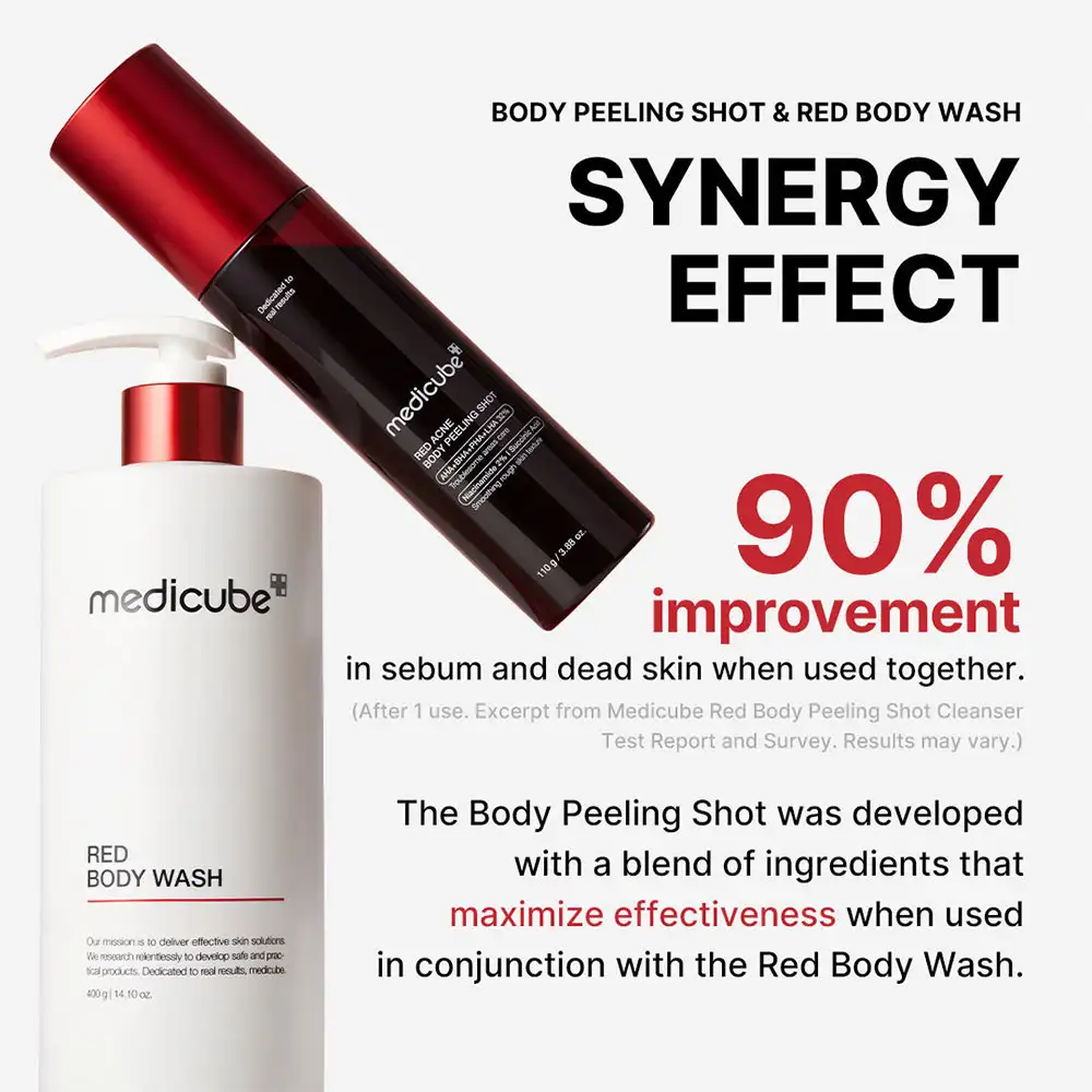 اسپری لایه بردار و ضد جوش بدن مدی کیوب اصل مدل Medicube Red Acne Body Peeling Shot مناسب کاهش جوش بدن، زبری پوست، استرابری اسکین، پاکسازی منافذ و صاف شدن پوست بدن