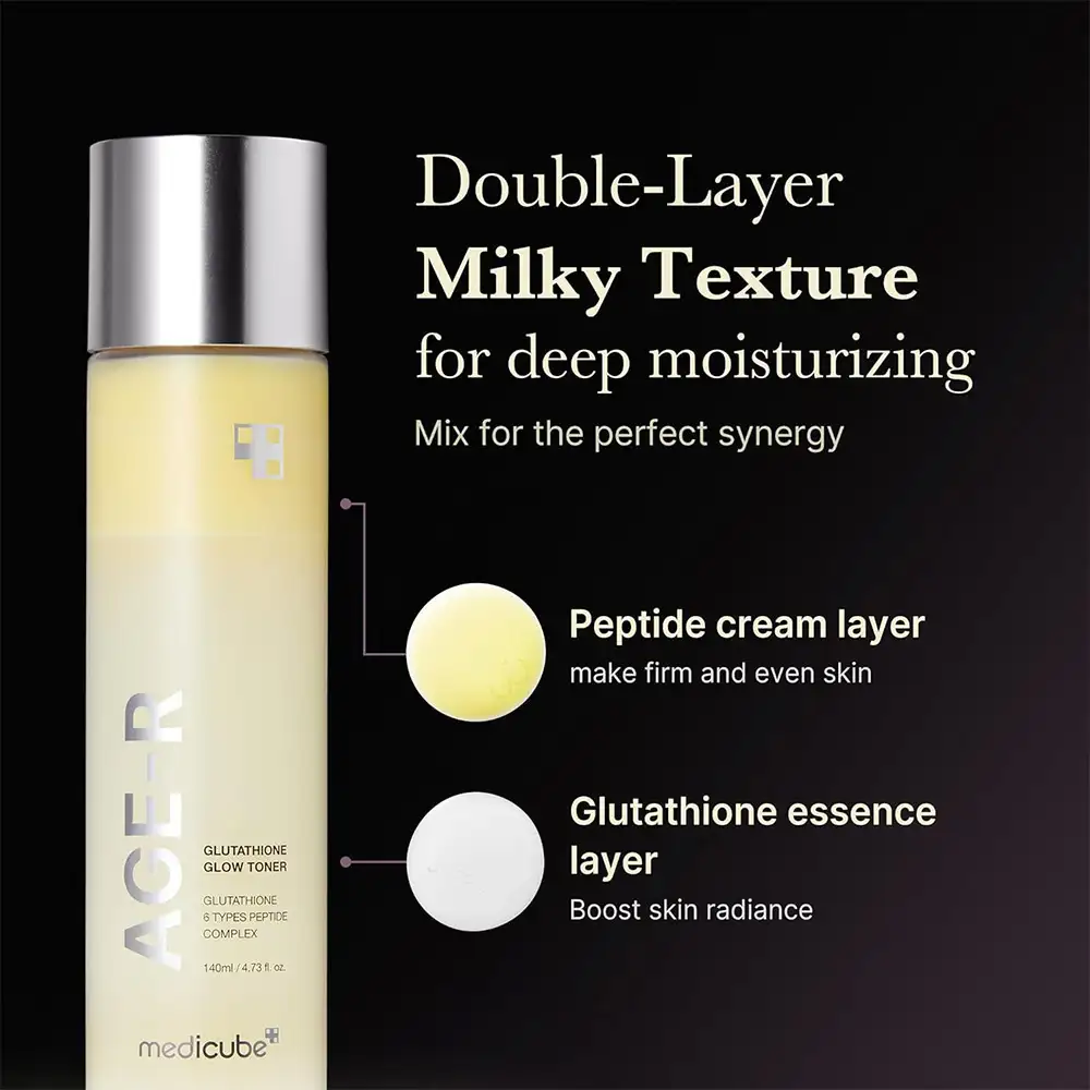تونر گلوتاتیون مدی کیوب اصل مدل Medicube Age R Glutathione Glow Milky Toner مناسب روشن شدن پوست، آبرسانی، افزایش شفافیت، یکنواخت شدن رنگ پوست و ایجاد گلس اسکین