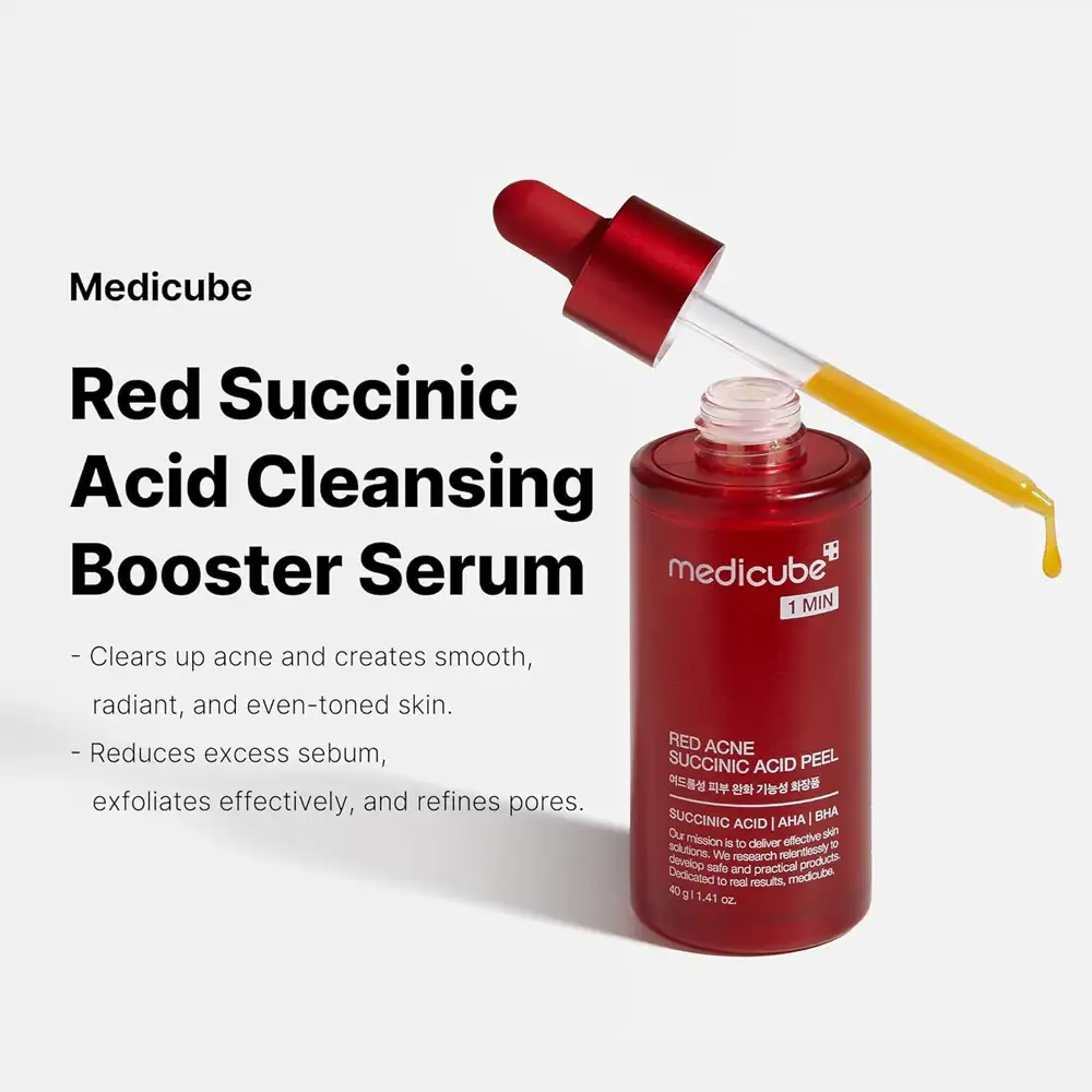 سرم پیلینگ سوکسینیک اسید مدی کیوب اصل مدل Medicube Red Acne Succinic Acid Peel، لایه‌بردار شستنی 21 درصد مناسب پوست جوش‌دار، منافذ، چربی اضافه، جوش سرسیاه و بافت ناهموار