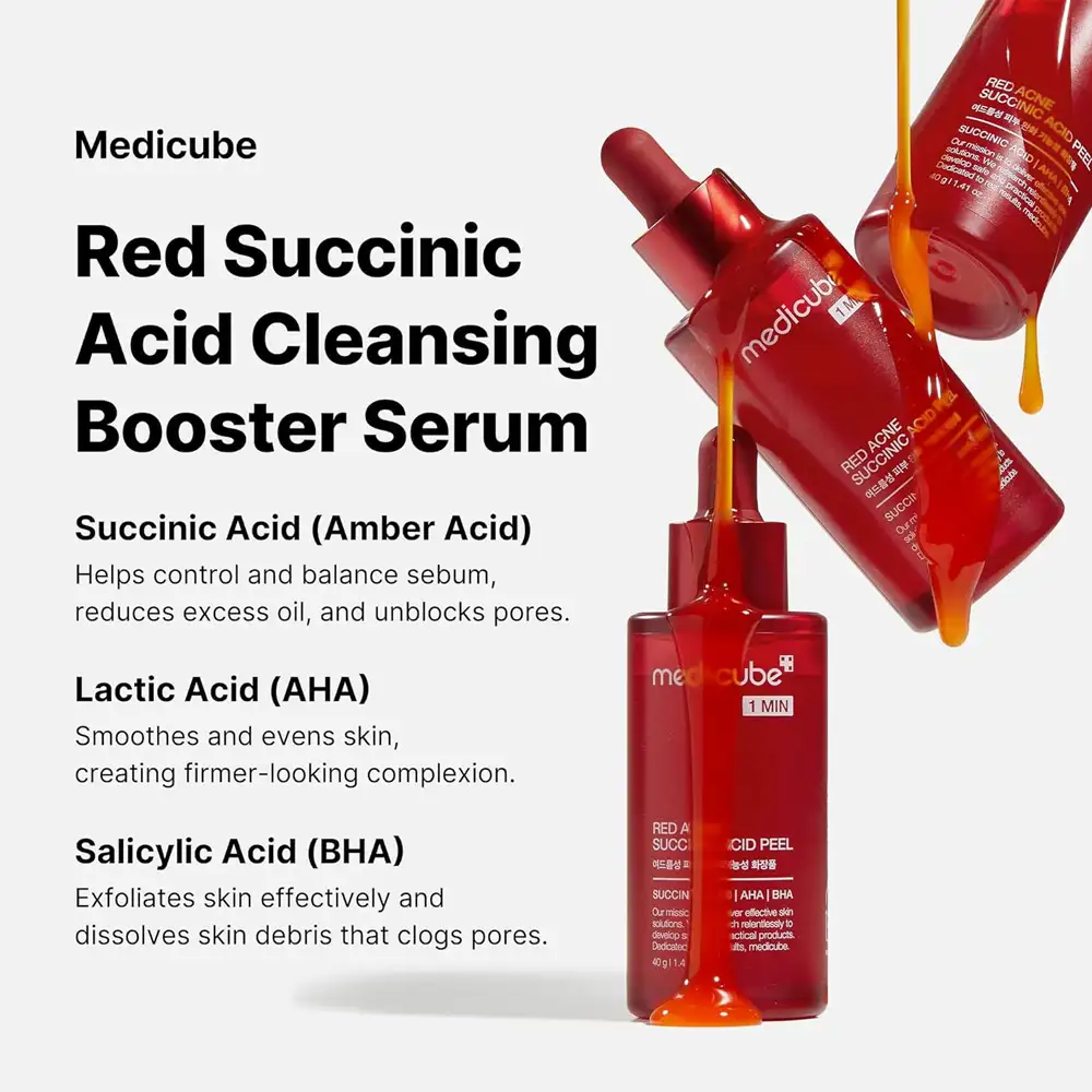 سرم پیلینگ سوکسینیک اسید مدی کیوب اصل مدل Medicube Red Acne Succinic Acid Peel، لایه‌بردار شستنی 21 درصد مناسب پوست جوش‌دار، منافذ، چربی اضافه، جوش سرسیاه و بافت ناهموار