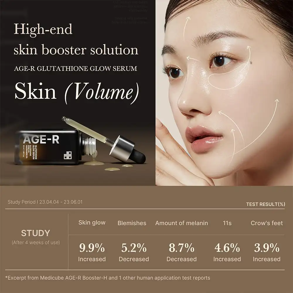 سرم جوانساز گلوتاتیون مدی کیوب اصل مدل Medicube AGE R Glutathione Glow Ampoule مناسب روشن‌کنندگی، کاهش لک ظاهری، افزایش شفافیت، آبرسانی، بهبود الاستیسیته و ایجاد جلوه پوست شیشه‌ای