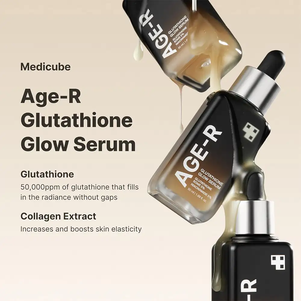 سرم جوانساز گلوتاتیون مدی کیوب اصل مدل Medicube AGE R Glutathione Glow Ampoule مناسب روشن‌کنندگی، کاهش لک ظاهری، افزایش شفافیت، آبرسانی، بهبود الاستیسیته و ایجاد جلوه پوست شیشه‌ای