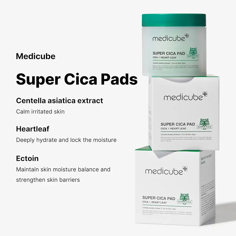 پد تونر سوپر سیکا مدی کیوب اصل مدل Medicube Exosome Cica Tea Tree Calming Toner Pad، مناسب پوست حساس و مستعد جوش برای آبرسانی، کاهش قرمزی، تسکین التهاب، کنترل چربی و تقویت سد دفاعی پوست