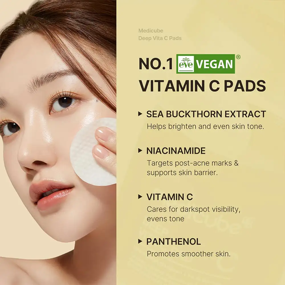 پد روشن‌کننده ویتامین سی مدی کیوب اصل مدل Medicube Deep Vita C Pad، مناسب کاهش ظاهر لک و تیرگی، شفافیت پوست، آبرسانی عمیق، لایه‌برداری ملایم و بهبود تناژ ناهموار پوست