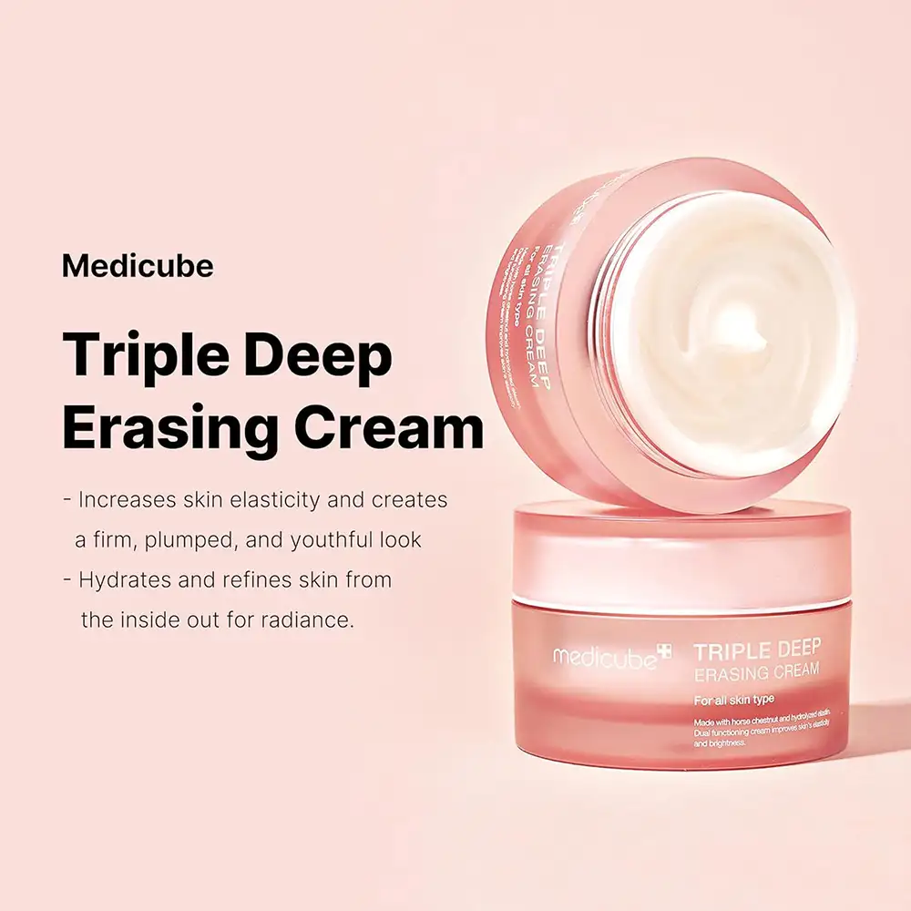 کرم جوانساز کلاژن مدی کیوب اصل مدل Medicube Triple Collagen Cream، مرطوب‌کننده و سفت‌کننده پوست حاوی کلاژن، هیالورونیک اسید، الاستین و شی باتر برای آبرسانی، کاهش ظاهر چروک، افزایش الاستیسیته و تقویت سد دفاعی پوست