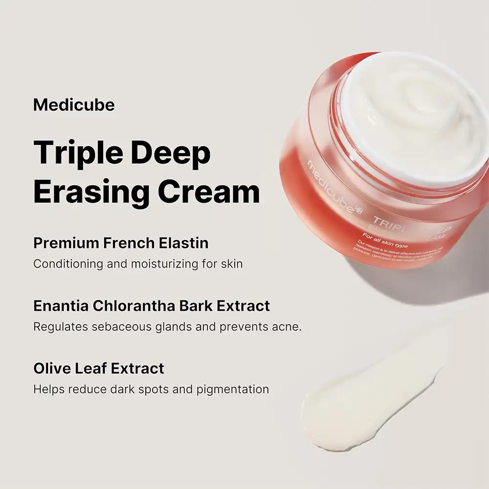 کرم جوانساز کلاژن مدی کیوب اصل مدل Medicube Triple Collagen Cream، مرطوب‌کننده و سفت‌کننده پوست حاوی کلاژن، هیالورونیک اسید، الاستین و شی باتر برای آبرسانی، کاهش ظاهر چروک، افزایش الاستیسیته و تقویت سد دفاعی پوست