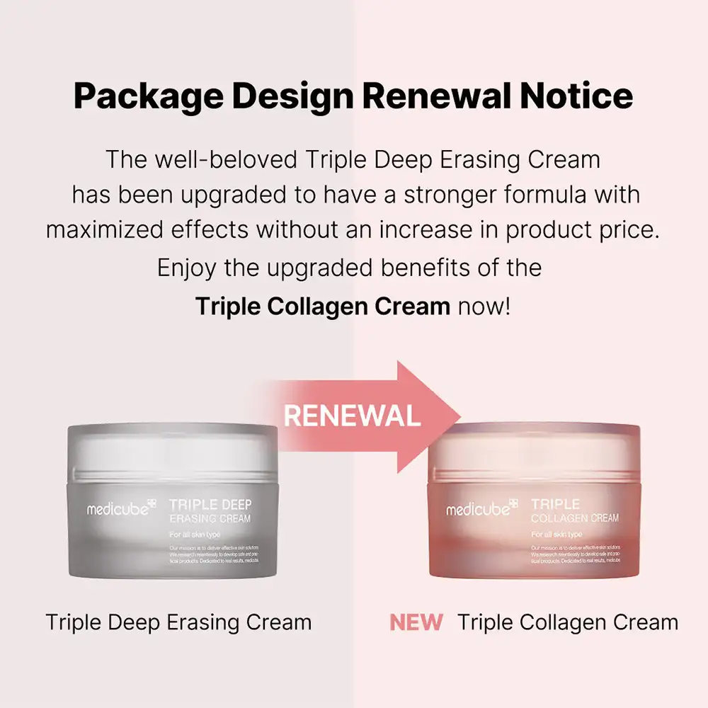کرم جوانساز کلاژن مدی کیوب اصل مدل Medicube Triple Collagen Cream، مرطوب‌کننده و سفت‌کننده پوست حاوی کلاژن، هیالورونیک اسید، الاستین و شی باتر برای آبرسانی، کاهش ظاهر چروک، افزایش الاستیسیته و تقویت سد دفاعی پوست