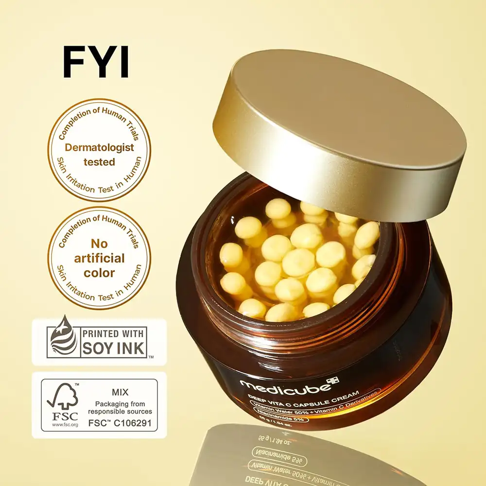 کرم کپسولی ویتامین سی مدی کیوب اصل مدل Medicube Deep Vita C Capsule Cream، مرطوب‌کننده ژلی حاوی کپسول طلایی ویتامین C لیپوزوم، نیاسینامید و عصاره سنجد دریایی برای کمک به روشن‌تر شدن، شفافیت، آبرسانی و درخشش پوست