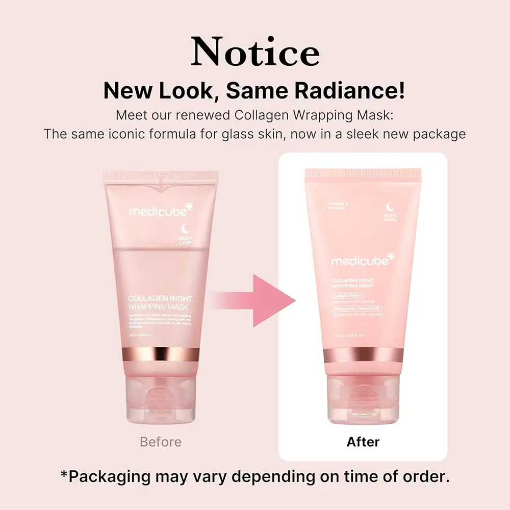 ماسک شب کلاژن مدی کیوب اصل مدل Medicube Collagen Night Wrapping Mask، ماسک پیل آف شبانه کره‌ای حاوی کلاژن هیدرولیز شده، سرامید NP و آدنوزین برای کمک به آبرسانی، بهبود لطافت، افزایش الاستیسیته ظاهری و درخشش پوست