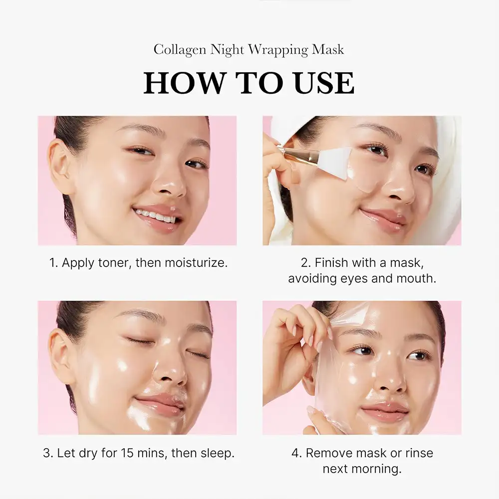ماسک شب کلاژن مدی کیوب اصل مدل Medicube Collagen Night Wrapping Mask، ماسک پیل آف شبانه کره‌ای حاوی کلاژن هیدرولیز شده، سرامید NP و آدنوزین برای کمک به آبرسانی، بهبود لطافت، افزایش الاستیسیته ظاهری و درخشش پوست