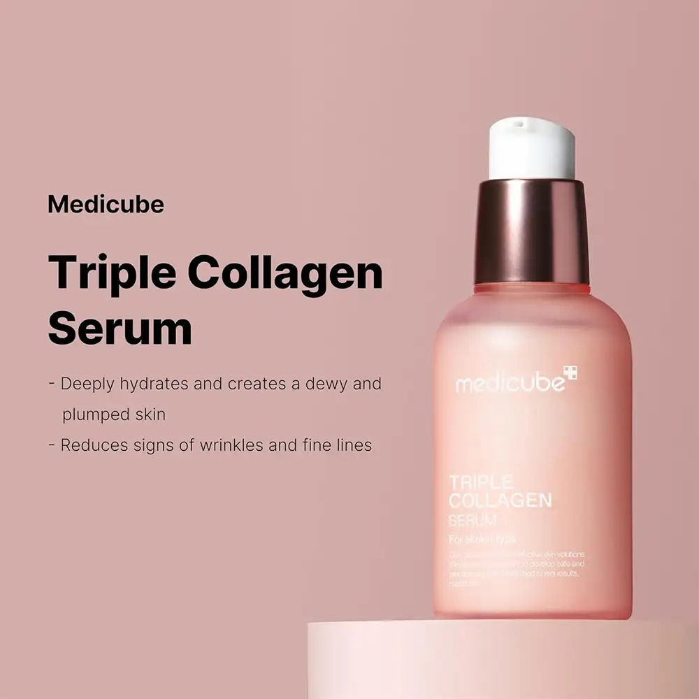 سرم جوانساز کمپلکس کلاژن مدی کیوب اصل مدل Medicube Triple Collagen Serum، سرم سبک کره‌ای حاوی Triple Collagen Complex، نیاسینامید و هیالورونیک اسید برای آبرسانی، شفافیت، نرمی و کمک به افزایش الاستیسیته ظاهری پوست