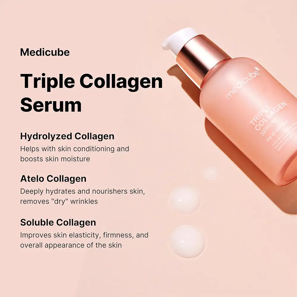 سرم جوانساز کمپلکس کلاژن مدی کیوب اصل مدل Medicube Triple Collagen Serum، سرم سبک کره‌ای حاوی Triple Collagen Complex، نیاسینامید و هیالورونیک اسید برای آبرسانی، شفافیت، نرمی و کمک به افزایش الاستیسیته ظاهری پوست