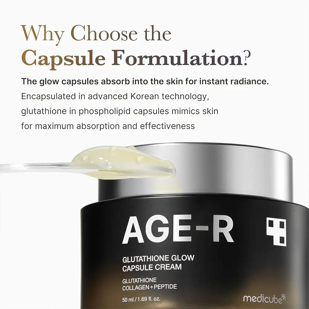 کرم کپسولی جوانساز و روشن‌کننده گلوتاتیون مدی کیوب اصل مدل Medicube AGE R Glutathione Glow Capsule Cream، کرم کره‌ای حاوی کپسول‌های گلوتاتیون، پپتید کلاژن و ترکیبات آبرسان برای کمک به شفافیت