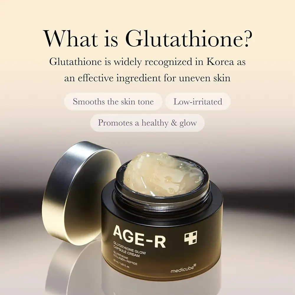 کرم کپسولی جوانساز و روشن‌کننده گلوتاتیون مدی کیوب اصل مدل Medicube AGE R Glutathione Glow Capsule Cream، کرم کره‌ای حاوی کپسول‌های گلوتاتیون، پپتید کلاژن و ترکیبات آبرسان برای کمک به شفافیت