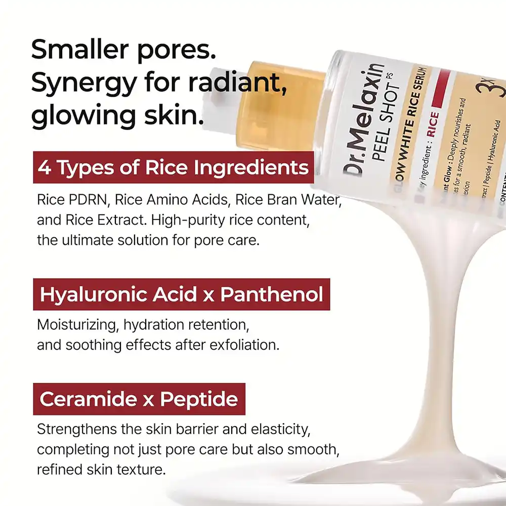سرم روشن کننده برنج سفید دکتر ملاکسین اصل حاوی Rice PDRN برای آبرسانی درخشان کننده و کنترل منافذ پوست
