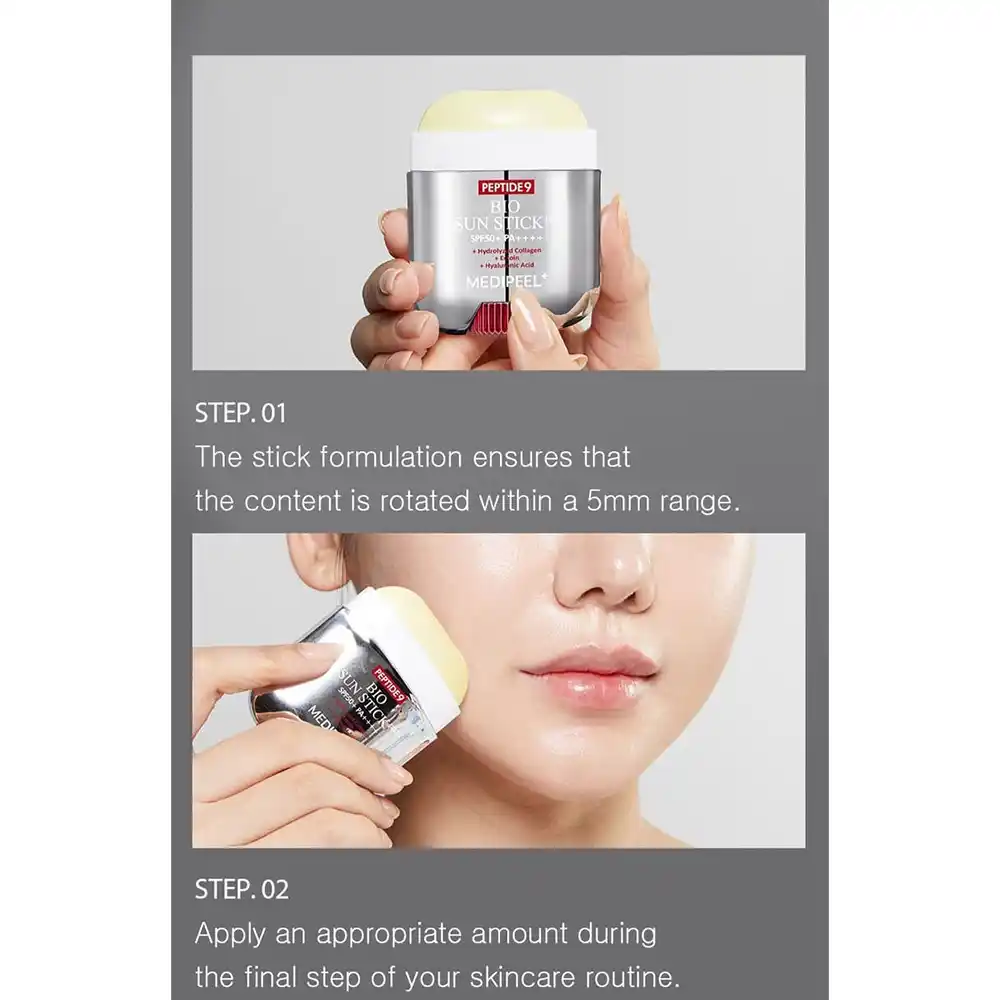 ضد آفتاب استیکی 9 پپتاید مدی پیل اصل SPF50 ضد چروک و آبرسان حاوی هیالورونیک اسید پپتاید کوآنزیم Q10 و آلوئه ورا