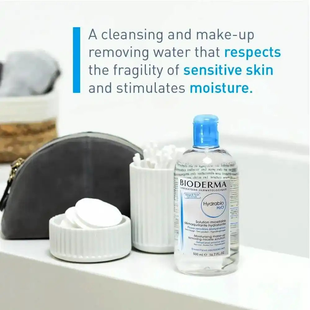 میسلار واتر مرطوب کننده و پاک کننده آرایش بایودرما هیدرابیو Bioderma Hydrabio H2O 500ml برای پوست حساس و دهیدراته