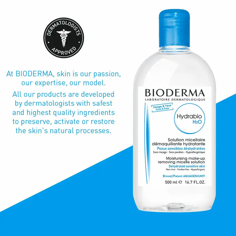 میسلار واتر مرطوب کننده و پاک کننده آرایش بایودرما هیدرابیو Bioderma Hydrabio H2O 500ml برای پوست حساس و دهیدراته