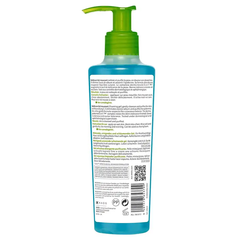 ژل شستشوی صورت سبیوم بایودرما Bioderma Sebium Gel Moussant برای پوست چرب و مختلط مستعد آکنه