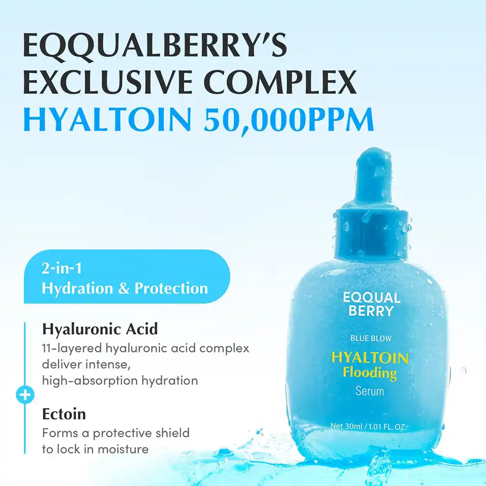 سرم آبرسان و تسکین‌دهنده هیالتوئین اکوال بری EQQUALBERRY Hyaltoin Flooding Serum با 11 لایه هیالورونیک اسید و اکتوئین کره‌ای