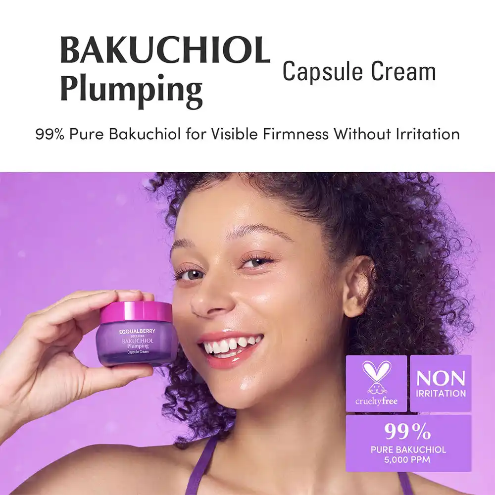 کرم کپسولی باکوچیول اکوال بری EQQUALBERRY Bakuchiol Plumping Capsule Cream ضد چروک و جوان‌ساز کره‌ای 50ml با 5 نوع کلاژن و سرامید