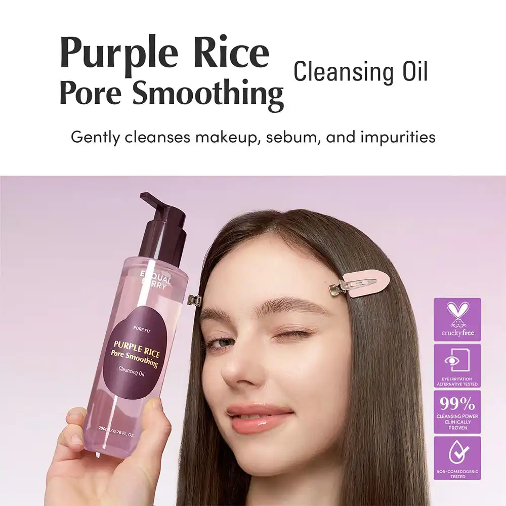 شوینده روغنی کنترل منافذ برنج بنفش اکوال بری EQQUALBERRY Purple Rice Pore Smoothing Cleansing Oil کره‌ای پاک‌کننده آرایش و بلک‌هد برای پوست حساس