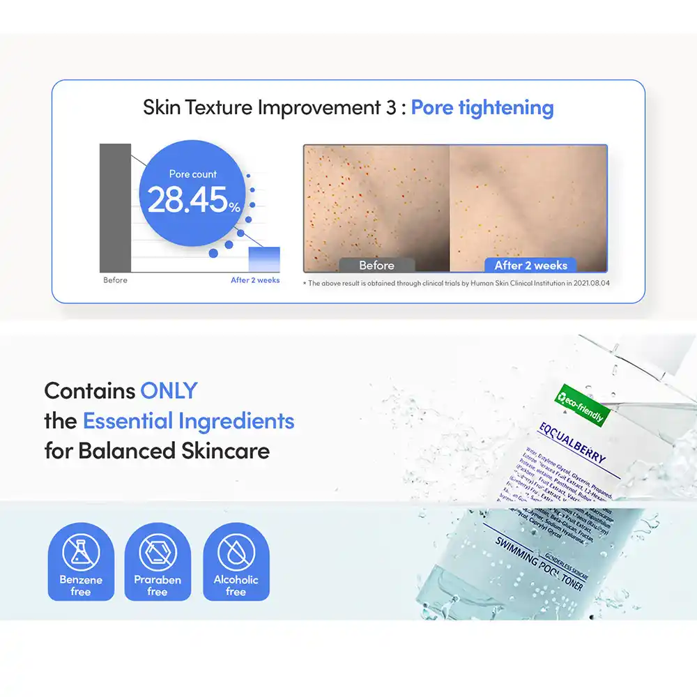 تونر آبرسان و تسکین‌دهنده اکوال بری EQQUALBERRY Swimming Pool Toner کره‌ای لایه‌بردار ملایم با آنزیم پروتئاز و هیالورونیک اسید برای پوست حساس