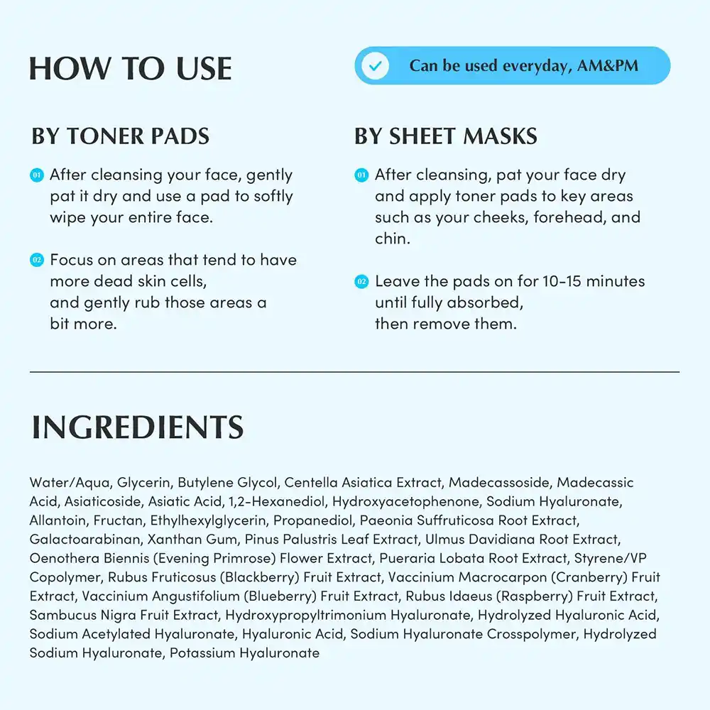 پد تونر آبرسان و تسکین‌دهنده اکوال بری EQQUALBERRY Swimming Pool Toner Pads کره‌ای دو طرفه با کمپلکس Hyal 8 و سیکا برای پوست حساس