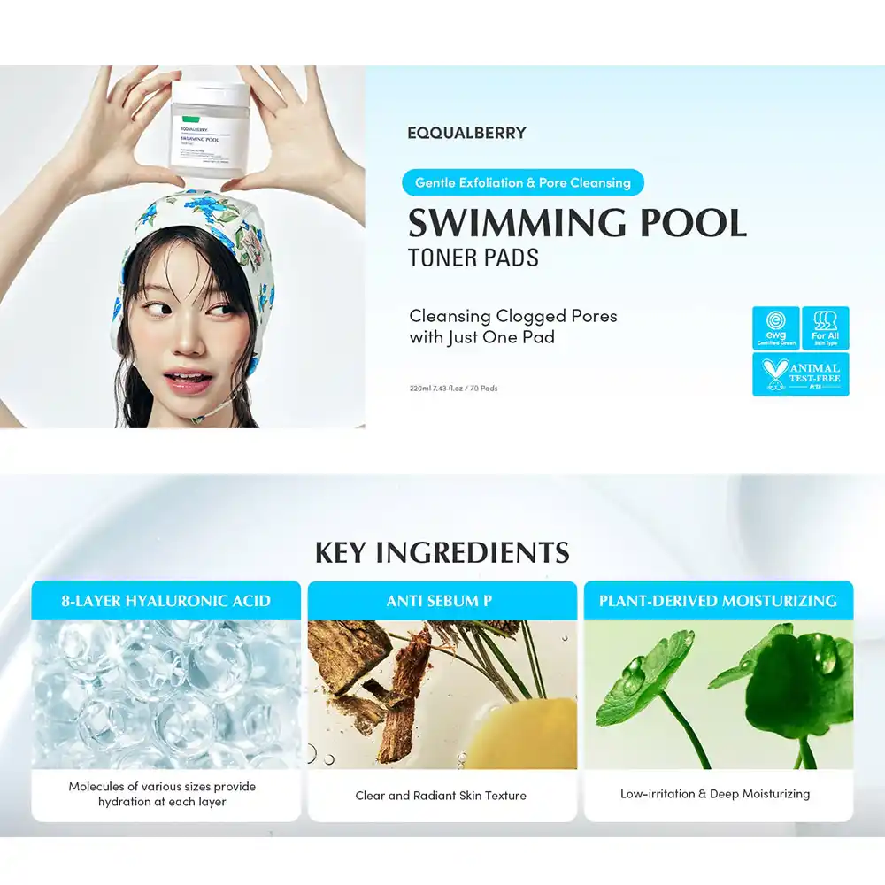 پد تونر آبرسان و تسکین‌دهنده اکوال بری EQQUALBERRY Swimming Pool Toner Pads کره‌ای دو طرفه با کمپلکس Hyal 8 و سیکا برای پوست حساس